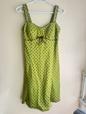 Karin Stevens Green Polka Dot Mini Slip Dress Y2K Cottagecore Mini Bow Detail